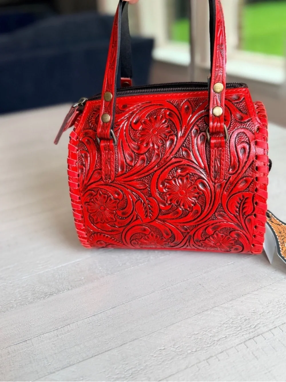 Genuine Leather Cowhide Western Speedy Purse Tooled Floral Red Satchel Bag MINI
